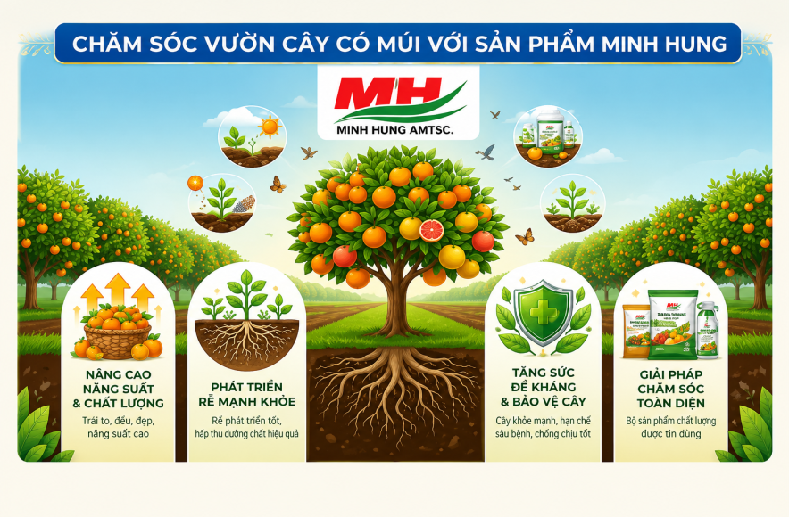 Caring for citrus trees with Minh Hung products.